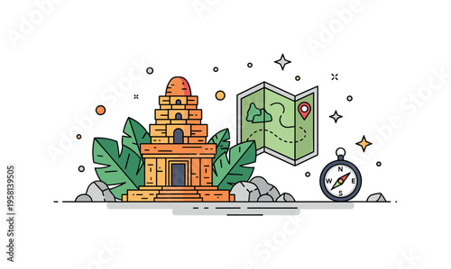 Lost city adventure a small temple ruin partially hidden behind jungle leaves with a map and compass nearby suggesting mysterious expeditions to forgotten