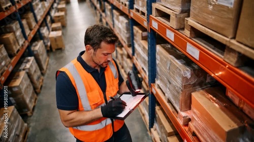 Warehouse worker using scanner and tablet for inventory management in a distribution center.
