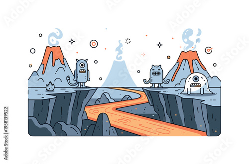 Sinister volcanic landscape with strange creatures standing on sharp cliffs overlooking glowing rivers of lava. The composition conveys a haunting alien world