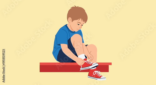 Young Boy Tying Red Sports Shoes.