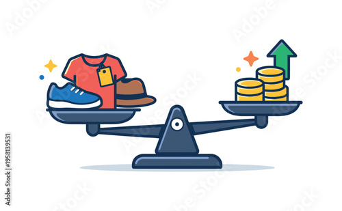 Secondhand resale strategy focused on buying low and selling high, shown through a simple balance scale comparing thrift items and coins to express margin and