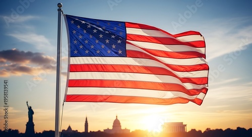American flag waving in front of new york city skyline at sunset