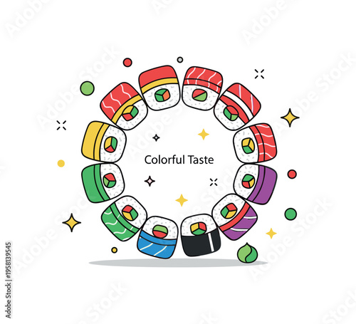Rainbow sushi rolls with layered colorful toppings forming a vibrant circular pattern. Subtle star accents and a gentle ?Colorful Taste? text detail reinforce
