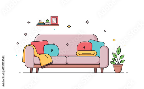 Comfortable home sofa a soft couch with rounded cushions and a folded blanket draped over the armrest while a small plant nearby suggests a warm and welcoming