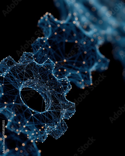 Interconnected Gears: A captivating visual of digital gears intertwining, symbolizing interconnectedness and the intricate mechanisms of innovation and technology.