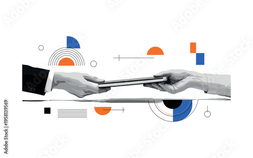 human hands passing notebook across table abstract circles semicircles lines and geometric blocks symbolizing mentorship black and white retro hands and