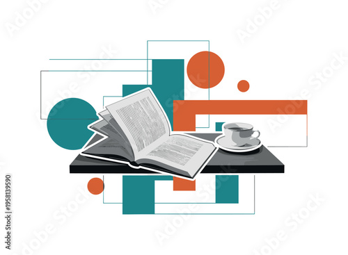 black and white book resting on a table with a cup beside it, realistic cut-out objects with white outline, geometric rectangles and calm circular shapes