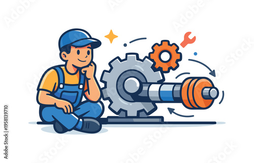 Mechanical engineer gear system conveyed through a focused character seated beside a smoothly rotating gear assembly, reflecting concentration, craftsmanship,
