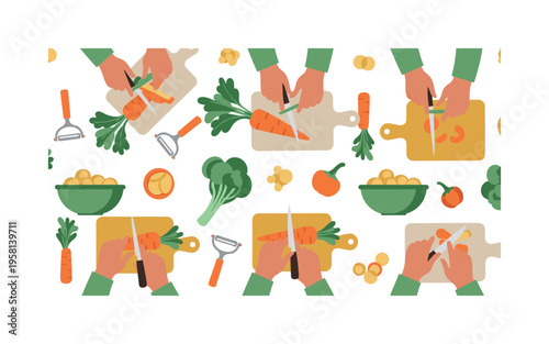kitchen prep work seamless pattern, hands peeling and slicing vegetables, bowls, peelers, cutting boards and carrots arranged in a repeating pattern, white