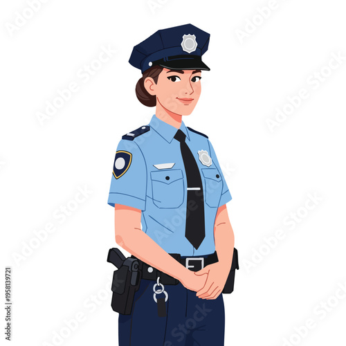 Female officer in uniform, cap, tie, with badge, pistol on hip, on white