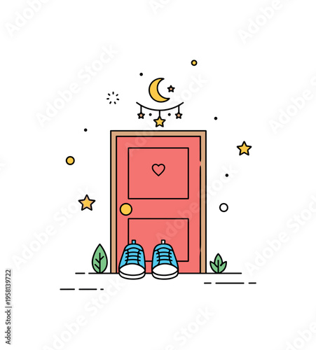New life symbolized by baby shoes placed outside a front door with a small moon and star decoration above the entrance. Calm and poetic visual metaphor of a