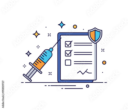 Vaccination campaign coordination scene showing a syringe icon paired with a checklist and small shield accent, representing preventive action and organized