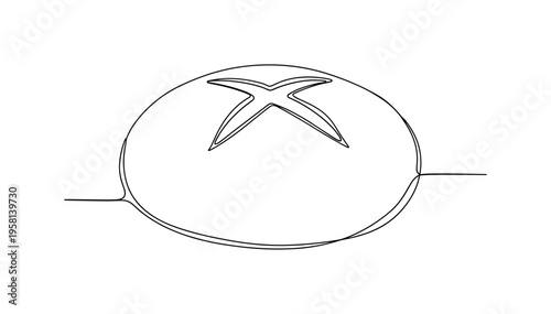 Round Artisan Bread. Minimalistic one-line drawing round artisan bread loaf with simple cross scoring on top, continuous single black line on white background,