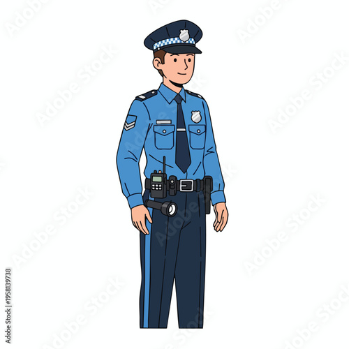 A smiling police officer stands ready in uniform with equipment