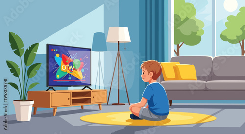 Young Boy Watching Television on Yellow Rug.