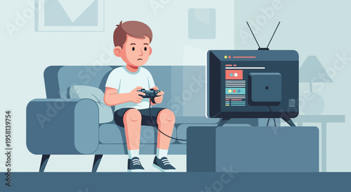 Young Boy Watching Television with Remote Control.