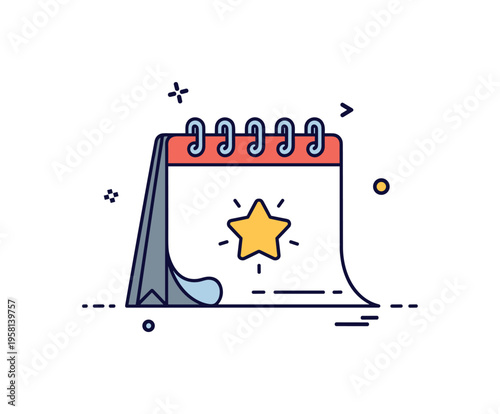 Beginning of a new chapter symbolized by a simple calendar page turning to reveal a bright star icon. The optimistic scene reflects change, renewal, and fresh