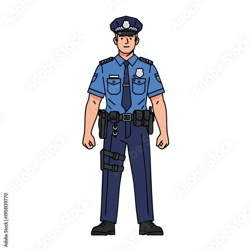 A standing person in a blue police uniform with a dark cap, tie, and utility belt