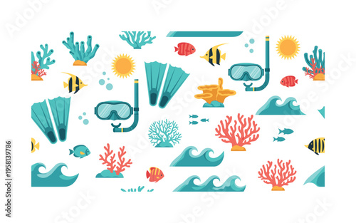 Snorkeling reef adventure seamless pattern, snorkel masks flippers coral reefs tropical fish and waves arranged in a repeating pattern, white background with