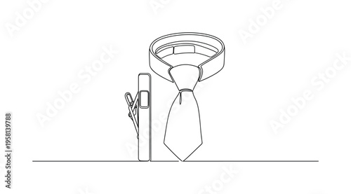 Tie Clip Accessory. Minimalistic one-line drawing elegant tie clip displayed beside a neatly arranged necktie, continuous single black line on white