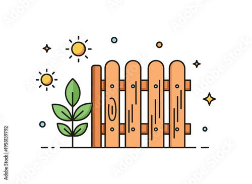 Backyard wooden fence neat wooden fence section standing beside a small leafy plant while soft sunlight icons suggest a peaceful garden environment. Friendly