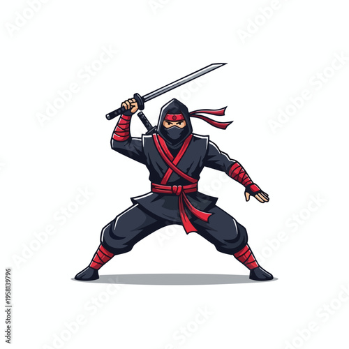 Stylized cartoon ninja in black and red holding a sword