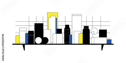 Black and white minimal shelf with geometric product packaging forms (boxes, cylinders), abstract blocks and thin grid lines structuring alignment, contrasting