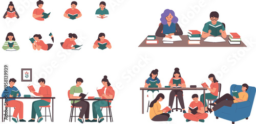 Students Studying and Reading Set with Kids and Adults Learning at Desk, Home, and Classroom Scenes in Flat Cartoon Style Isolated on White Background