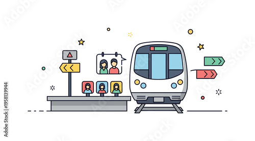 Urban metro transportation a sleek subway train arriving at a simple platform while small passenger icons and direction arrows suggest smooth daily commuting