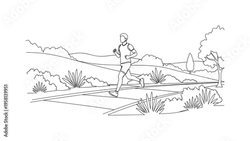 Evening Run. Minimalistic one-line drawing person running along a park walkway with gentle hills and plants around, continuous single black line on white