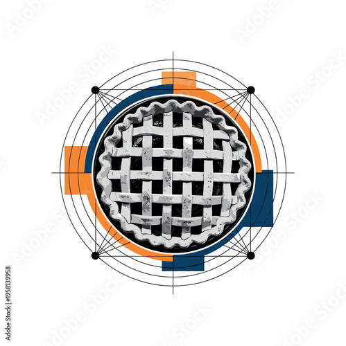 black and white rustic pie with lattice crust, cut-out collage style with white contour outline, layered circular shapes and thin structural grid lines