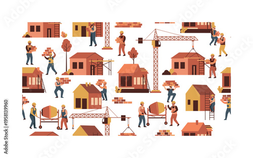 builders at work seamless pattern, construction workers carrying bricks, using cranes, scaffolds, cement mixers and building residential houses arranged in a