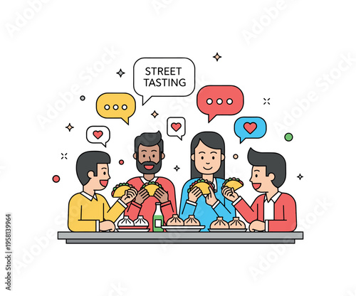 Street food tasting with friends small group sitting around a simple table sampling tacos and dumplings while speech bubbles and tiny heart icons suggest