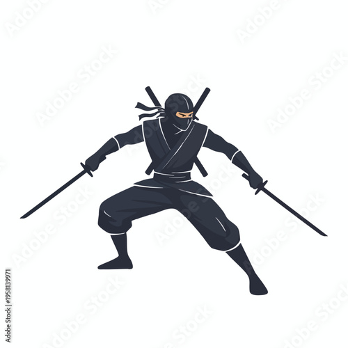 A dynamic, dark-clad figure in a combat stance, holding two swords, ready