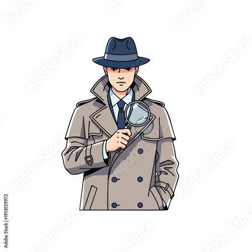 A man in a fedora and trench coat holds a magnifying glass