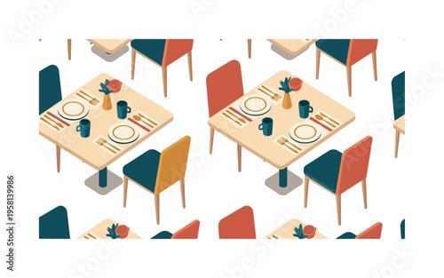 dining setup with empty chairs seamless pattern, chairs around tables, plates, cups, cutlery and napkins arranged in a repeating pattern, white background with