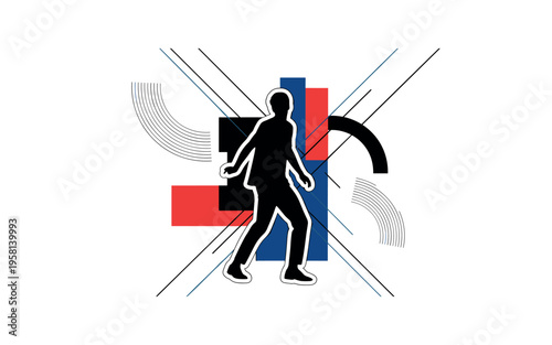 human figure posing with abstract geometric background abstract semicircles lines and geometric blocks symbolizing editorial and fashion photography black and