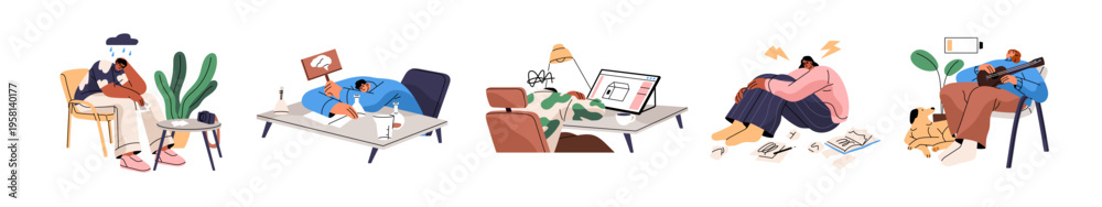 Fototapeta premium Creative burnout concept set. Depressed people with crisis in art. Exhausted characters have work problems, low energy, lack of inspiration and ideas. Flat isolated vector illustrations on white