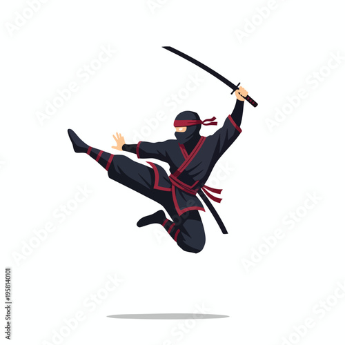 A dynamic illustration of a ninja leaping mid-air with a katana raised