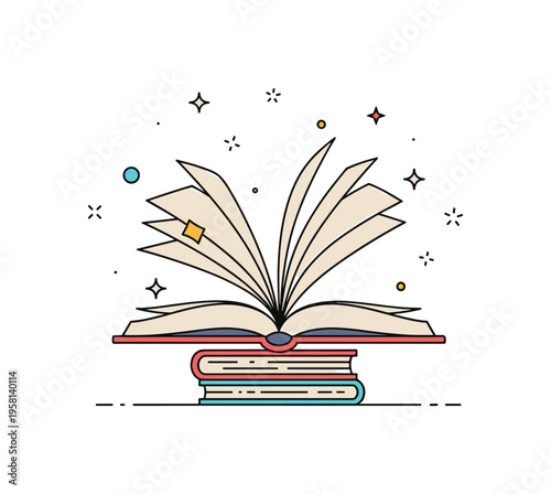 Library magic pages open book resting on a small stack of books while several pages float upward like light paper wings. Tiny star elements emphasize the