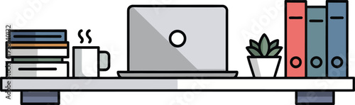 Desk Shelf Setup: Laptop Books Coffee Plant. Minimalist Workspace. Vector Art