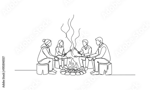 Campfire Cooking Scene. Minimalistic one-line drawing small group around fire roasting marshmallows, continuous single black line on white background, simple