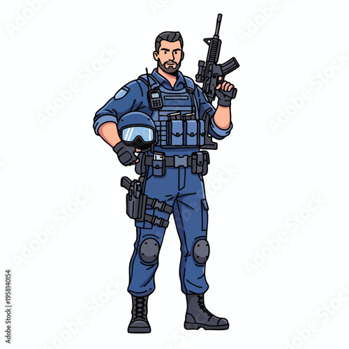 Determined officer in blue uniform, tactical vest, holding rifle, helmet, handgun