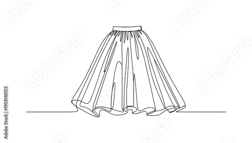 Tulle for Dressmaking. Minimalistic one-line drawing piece of tulle cut and arranged for garment construction, continuous single black line on white