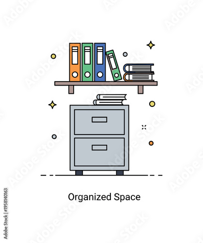 Home productivity boost scene showing a compact filing cabinet aligned under a wall shelf with neatly stacked binders above. A subtle ?Organized Space? caption