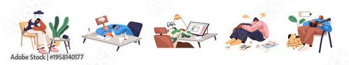 Creative burnout concept set. Depressed people with crisis in art. Exhausted characters have work problems, low energy, lack of inspiration and ideas. Flat isolated vector illustrations on white