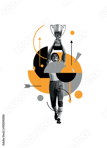 champion raising trophy, geometric semicircles arrows and abstract shapes representing victory and celebration, black and white retro realistic figure with