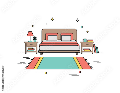 Bedroom rug placement showing a plush rectangular rug extending from under a low bed frame with small nightstand accessories, emphasizing warmth, organization,