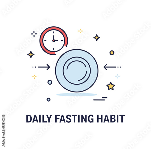 Daily fasting habit a compact badge style concept where a small clock surrounds a plate icon while subtle arrows indicate the rhythm between fasting hours and