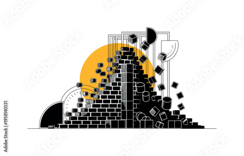 black and white brick wall transitioning into abstract cubes and blocks, cut-out with white outline effect, bold yellow circle behind the structure symbolizing